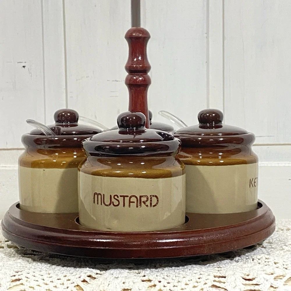 Vintage Stoneware Condiment Set w/4 Covered Labeled Jars & Spoons on Lazy‎ Susan
